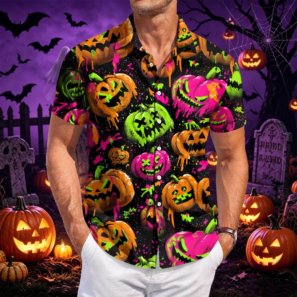 Men's Casual Short Sleeve Shirt Halloween Print Button Down Shirt Lightweight Breathable Fabric Relaxed Fit Shirt for Everyday Wear