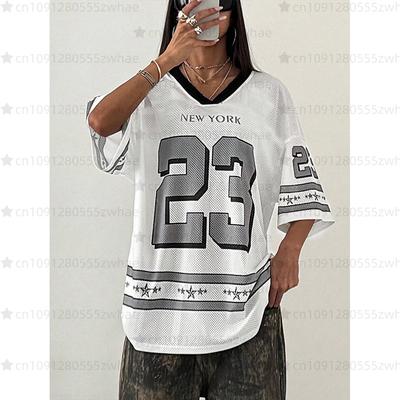 Camiseta de Baloncesto Holgada de Malla con Estampado V-neck Estilo Pareja Verano para Mujer NO.23 Moda Callejera Camiseta Negra y Blanca