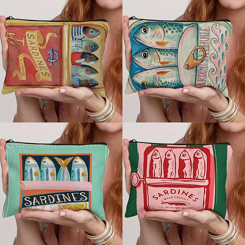 Vintage Canvas Cosmetic Bag Simple Large Capacity Makeup Bag Female Travel Clutch Toiletry Bag Retro Sardines Olive Oil Design