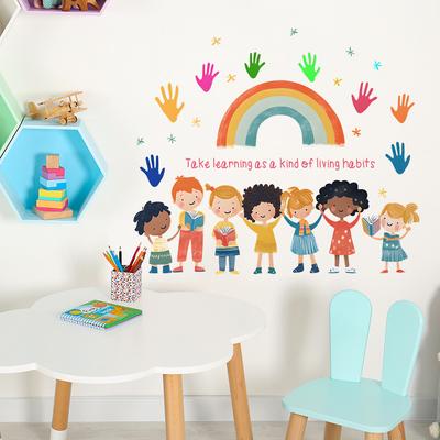 Stagione Scolastica Slogan Inglese Impronte di Mani Arcobaleno Camera da Letto Soggiorno Casa Sfondo Abbellimento Decorazione Adesivi Murali