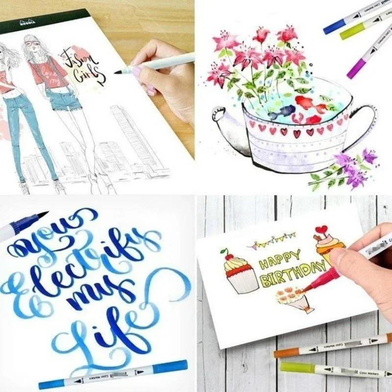 12/24/100/120 Colors Felt Tip Drawing Watercolor Art Markers Pen Dual Brush Fineliner Colouring Pen Set for Calligraphy Painting