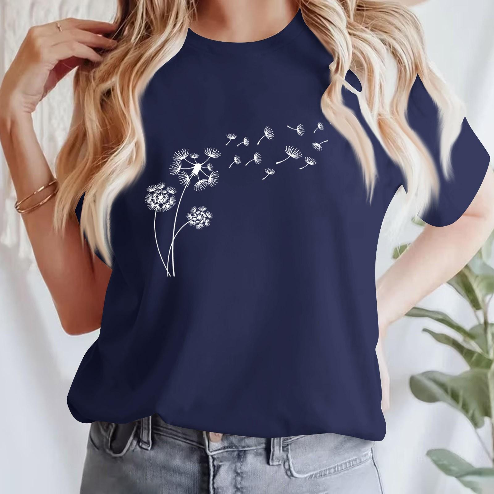 

Женская повседневная футболка с принтом, пуловер с круглым вырезом, топ с короткими рукавами M тёмно-синий