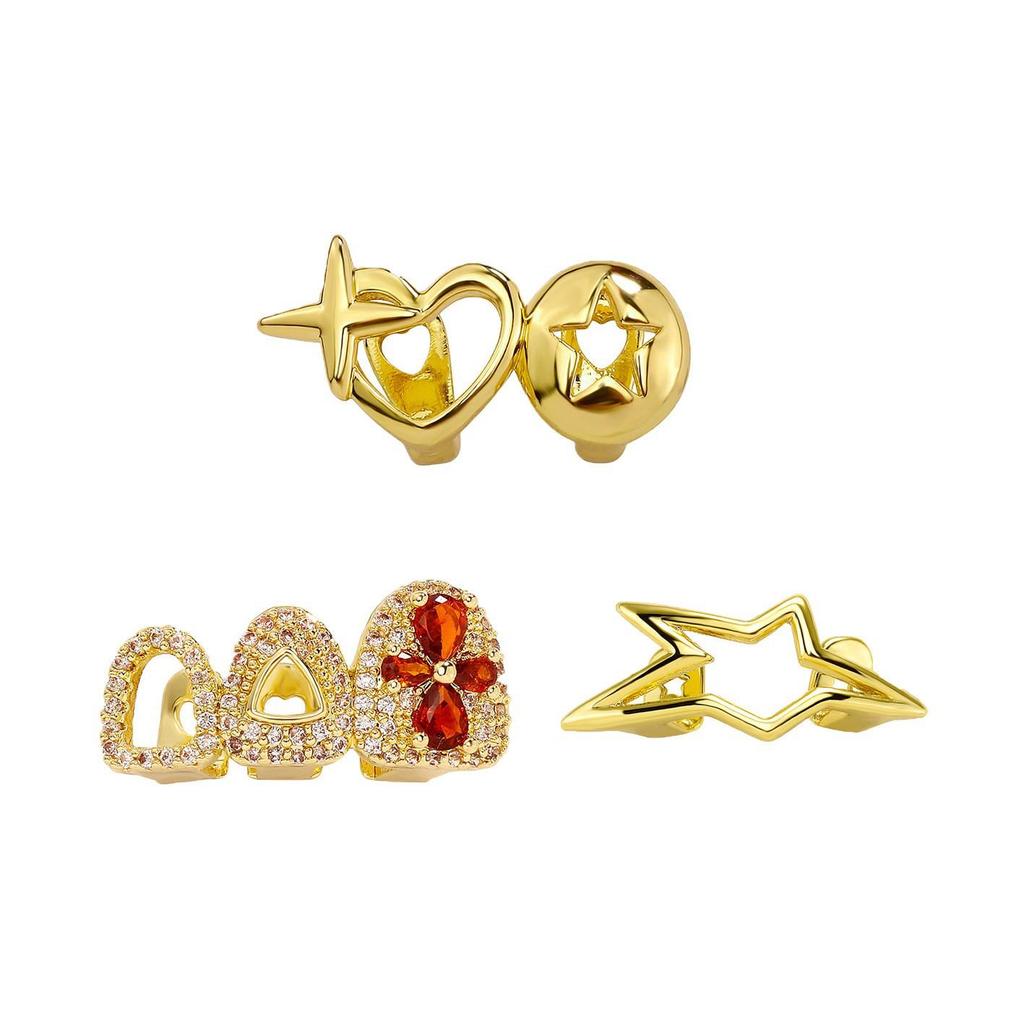 Trendy Gold Hollow Three-Piece Grillz for Street Style Hip Hop