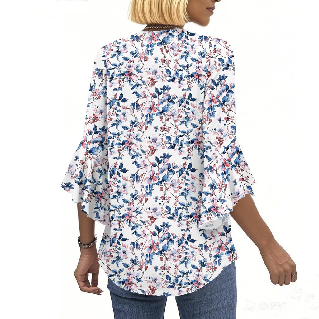 Blouses For Women Dressy Casual 3/4 Length Sleeve Womens Tops V Neck Tshirts Shirts With Flared Sleeve