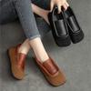 Johnature Retro Round Toe Flats Lightweight And Versatile Genuine Leather Splicing Women's Slip-on Shoes