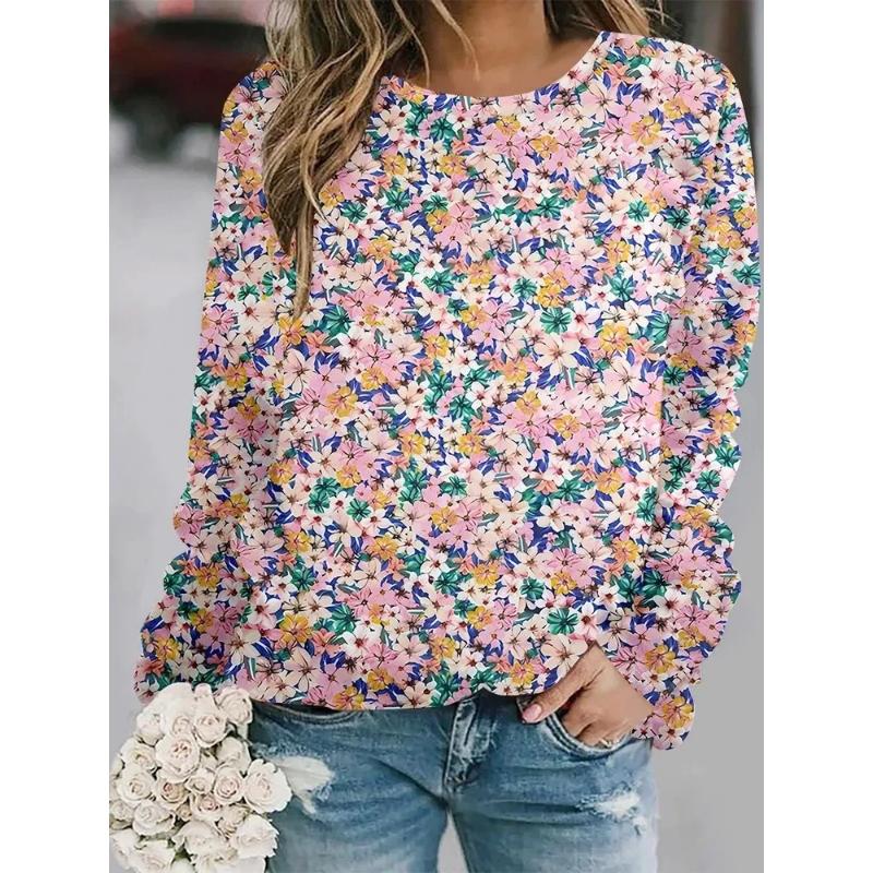 Fashion Women's Crew Neck Long Sleeve 3D Casual Color Printing Casual Long Sleeve T-Shirt