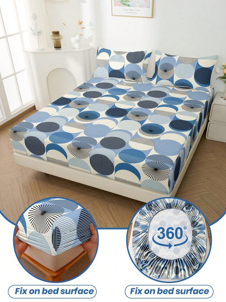 Gradient Blue Fitted Sheet Stylish Circle Plaid Pattern Printed Geometric Style Flat Sheet With 2 Pillowcases Modern Room Decor