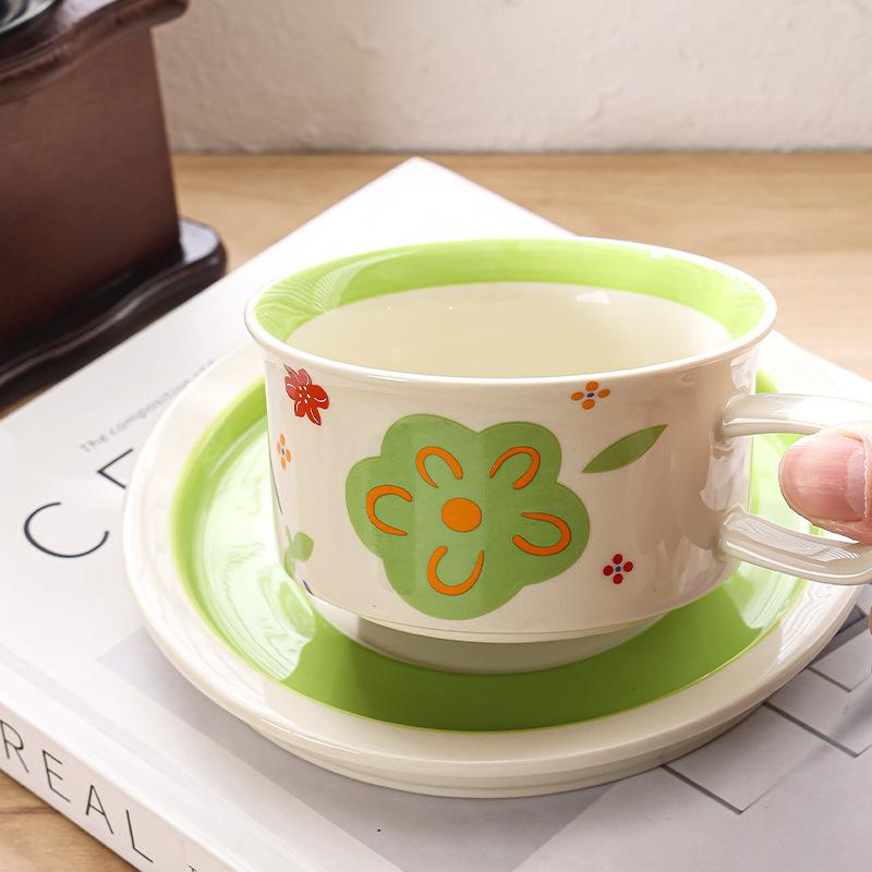 

Креативная ретро керамическая кофейная чашка и блюдце набор нишевая чашка для послеобеденного чая для пары изысканная акварельная керамическая кружка Good luck is at hand