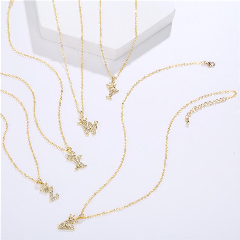 Fashion Cubic Zirconia Crown Letter Pendant Necklace Gold Hip Hop Punk Alphabet Jewelry