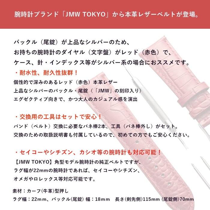[JMW TOKYO] Watch Band 22mm Leather Replacement Strap Red Silver Buckle with Tools & Spring Bars Men's Square Model Red Leather + Silver