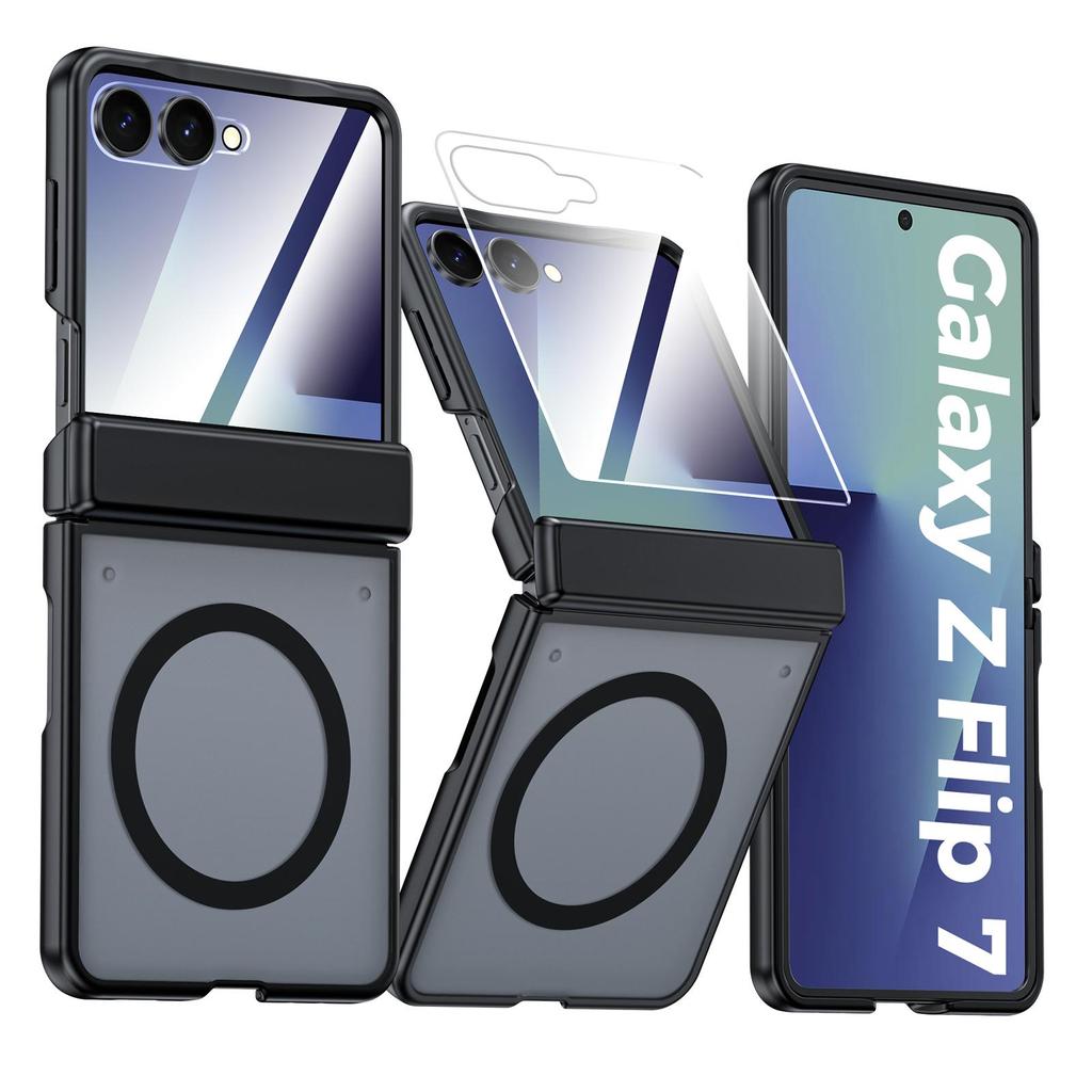Magnetic Matte Protective Case with Tempered Glass Screen Protector and Hinge Protection for Samsung Galaxy Z Flip 7-Blue