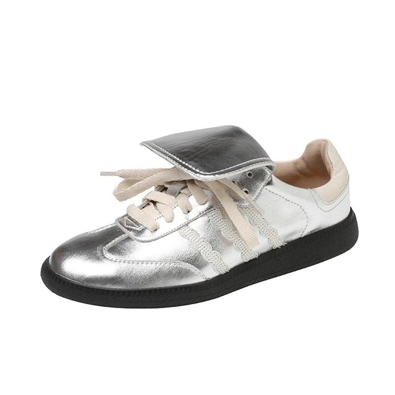 

Meotina Жіночі кросівки з натуральної шкіри з круглим носком на плоскій підошві на шнурівці Лаконічні жіночі модні повсякденні туфлі весна осінь сріблясто-чорні 40 39 срібний