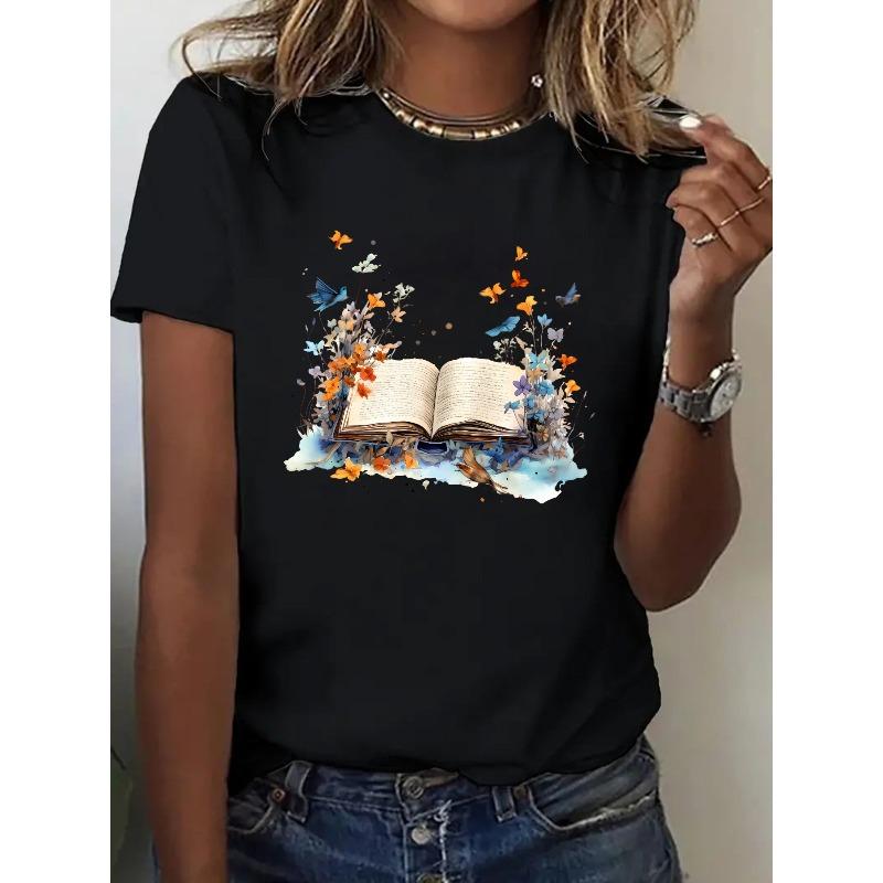European Size 1pc,  Pure, Printed T-Shirt with Book And Butterfly Pattern, Spring And Summer Round Neck Short Sleeved Women'S T-Shirt