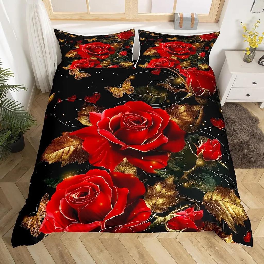 Red Roses Duvet Cover Twin Queen Happy Valentine'S Day Bedding Set Romantic Flowers Comforter Cover Cute Love Heart Quilt Cover