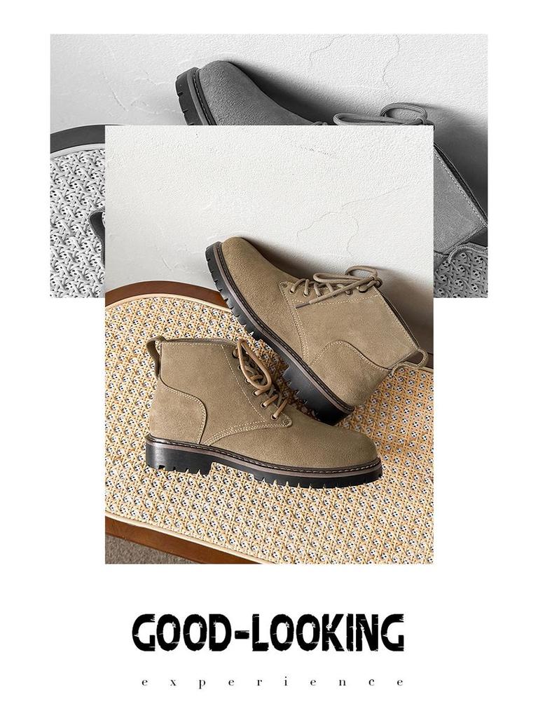2025 Men's Autumn/Winter Yellow Martin Boots, Cow Suede, Breathable, Versatile, Round Toe, Comfortable Mid-Top Style