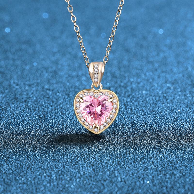 S925 Sterling Silver Heart Pendant Necklace with Multicolor Zircon and Rose Gold Clavicle Chain S925 Silver