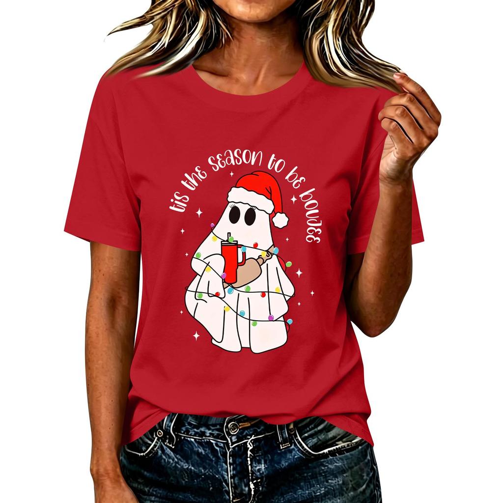 Damen Christmas Print Kurzarm T-Shirt Lässiges Feiertags-Top