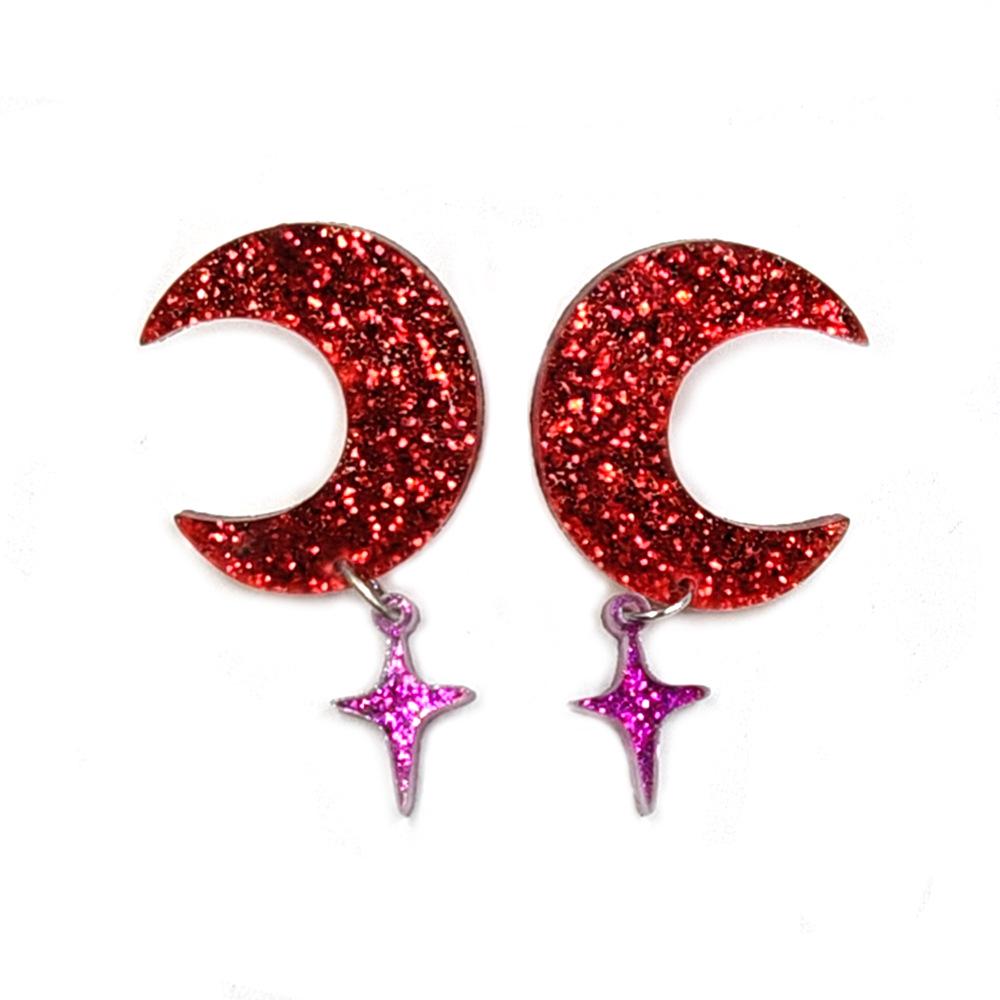 European & American Glittering Moon & Star Ear Hooks - Acrylic Seven-Color Dangle & Stud Earrings