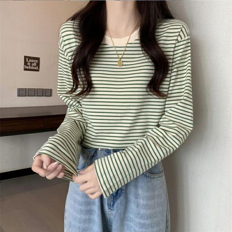 Women Plus Size Loose Striped Long Sleeve Casual Bottoming T Shirt