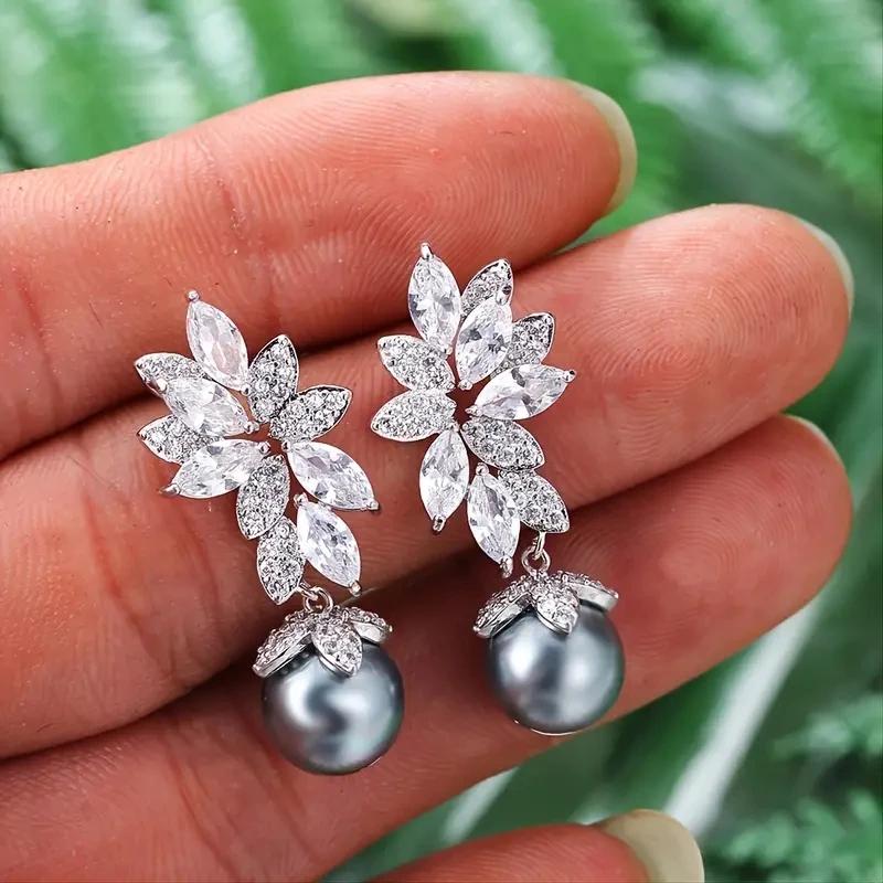 Luxury Multi Colored Imitation Pearl Dangle Earrings Leaf Design Aesthetic Earrings for Women Dazzling CZ Trendy Jewelry