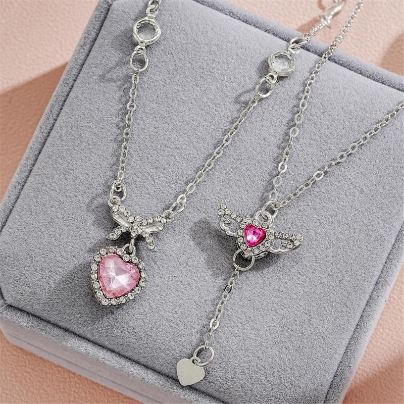 2pcs/set Zircon Heart Pendant Necklace Crystal Angel Wing Collarbone Chain for Women Girl Aesthetic Jewelry Long Chain