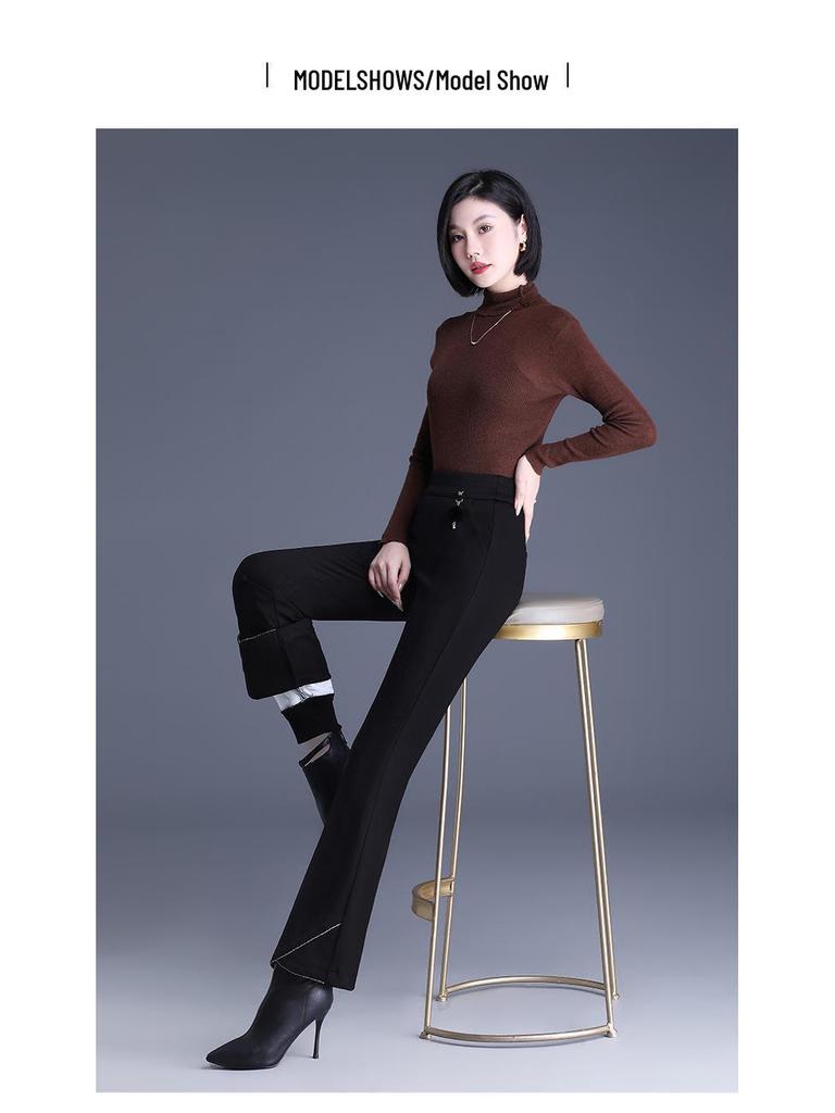 Women's Black Silk Cotton High-Waist Winter Pants - Slimming, Warm, Thickened, Korean-Style, Versatile, Stylish, Slightly Flared.