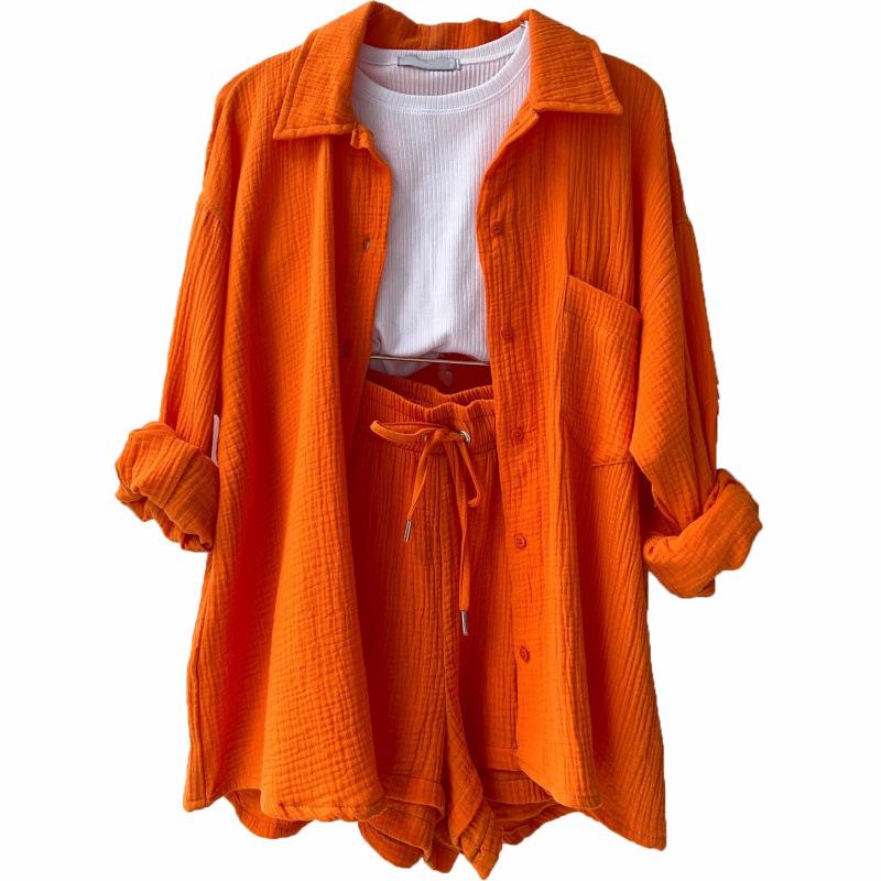European and American Women's Crinkle Lapel Shirt & High Waist Shorts Two-Piece Set