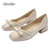 Fashion Women Pumps Mid Heels Fashion Sweet Square Toe Chunky Heel Shoes Pearl Satin Bowknot Woman Wedding Party Bride Shoes Ladies 43