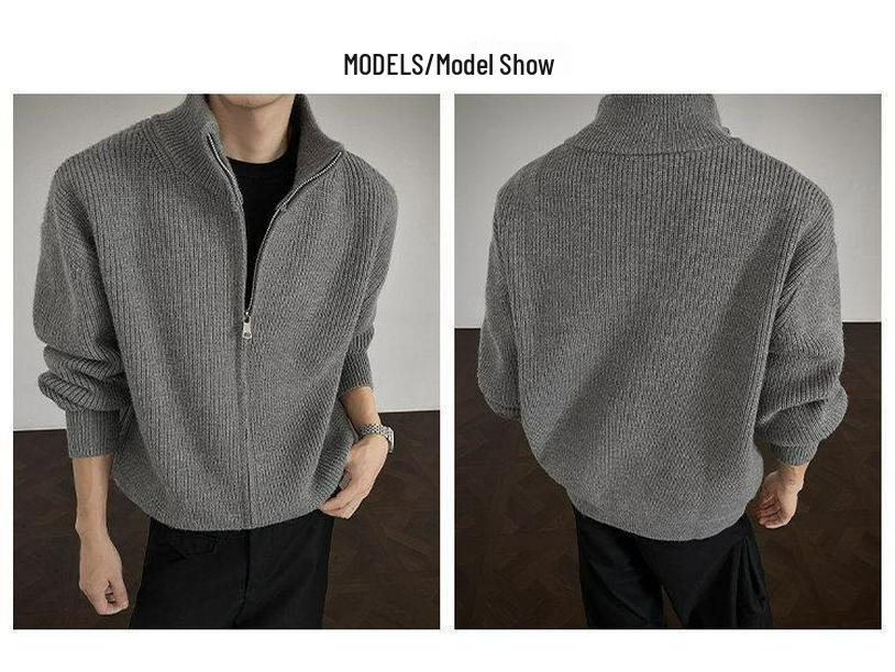 Men's Autumn Knit Cardigan - Loose Casual Stand Collar Jacket with Long Sleeves and Half High Collar Zipper.