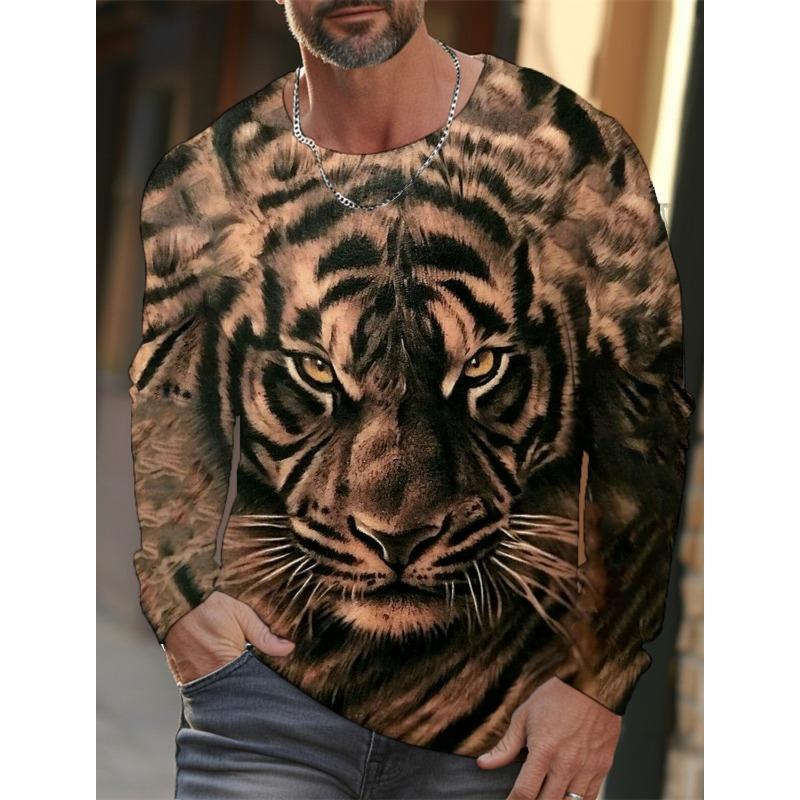 Tiger Graphic Men's Long Sleeve T-shirt for Men Clothing Casual Top Tee Shirt Fashion Animal 3D Full Printing Streetwear
