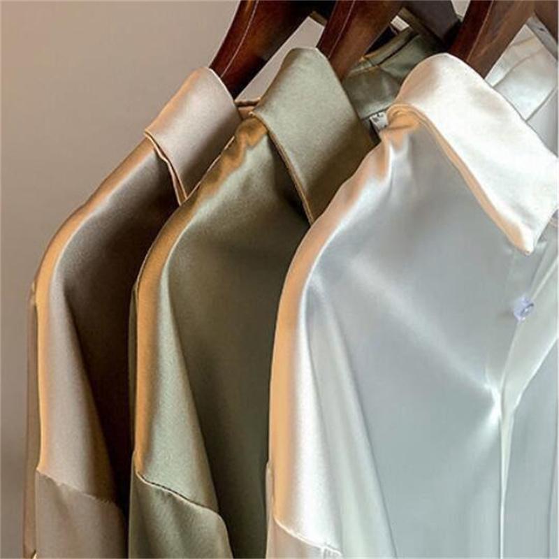 Frühling Herbst Revers Satin Blusen Solide Weiß Langarm Shirt Damen Büro Bluse Fashion Top