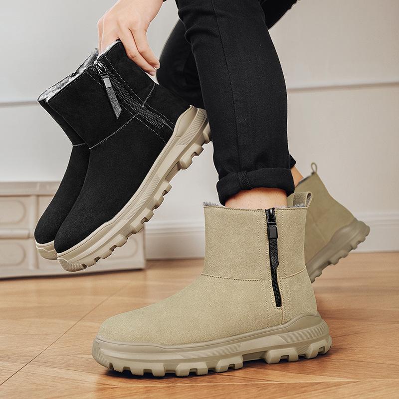 Snow Boots Winter Warm Cotton Boots, Cow Suede Velvet High-top Shoes Men's Boots Leather Side Zipper Platform Men's Shoes