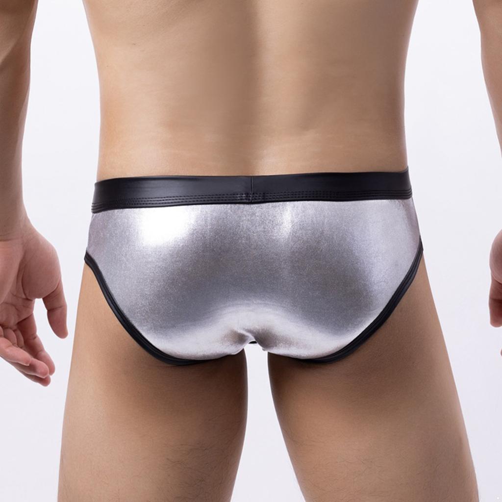 Mens Contrast Patent Leather Briefs Bulge Pouch Low Rise Elastic Waistband Underwear for Nightclub Pool Parties