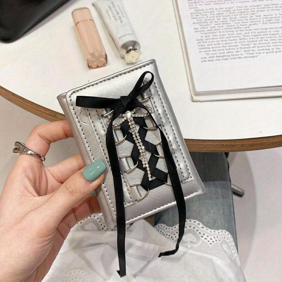 Sweet Style Lace Bowknot Short Wallet For Women Button-Up Trifold Card Holder Wallet Mini Wallet Purse Wallet Small Wallet Cute Wallet