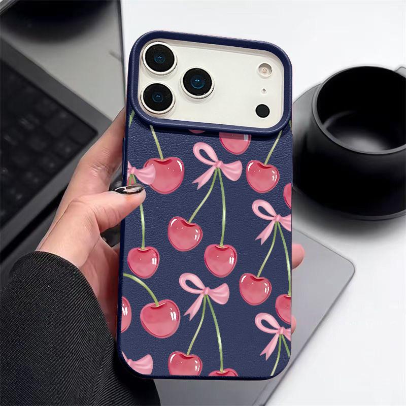 Custodia con Motivo di Frutti di Ciliegia Cristallini e Fiocchi per iPhone 17 Pro Max Copertura Morbida in Silicone con Texture in Pelle per iPhone 16 15 14 13 Pro 12 11 16E Air