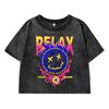 Interesting Fireball Print Women Washed Short T-Shirt Soft Short Sleeve Street Distress T Shirts Sports Breathable Tshirt