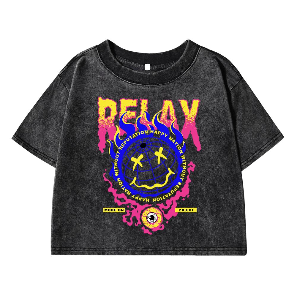 Interesting Fireball Print Women Washed Short T-Shirt Soft Short Sleeve Street Distress T Shirts Sports Breathable Tshirt