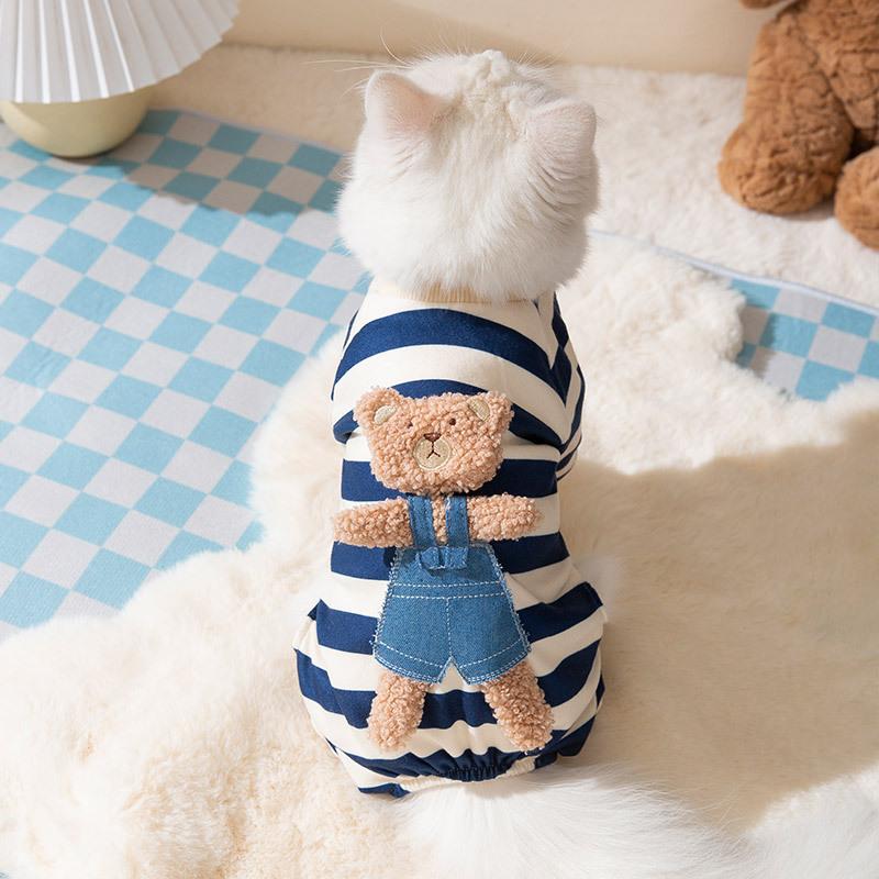 Cute Bear Striped Four-legged Loungewear Blue Cat Puppet Cat Spring and Autumn Thin Kitten Milk Dog Pet Cat Clothes