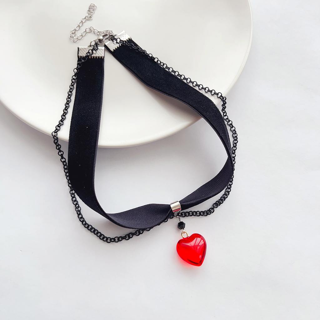 Dark gothic style, black velvet ribbon tassel chain, red heart-shaped pendant, choker collar, neckband, necklace for women