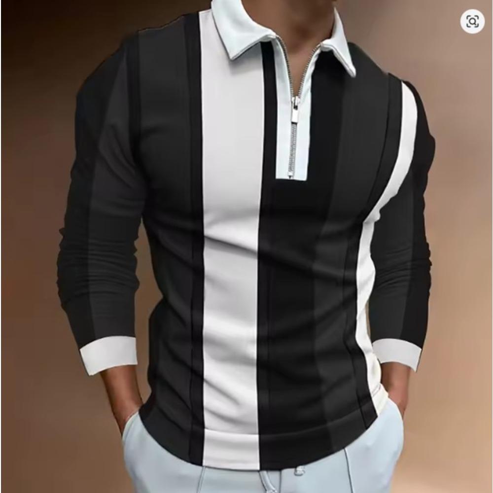 Men's 3D Stripe Printed Zipper Polo Shirt Long Sleeve Spring and Autumn Wear Trendy Brand Three-dimensional Pattern Casual Top