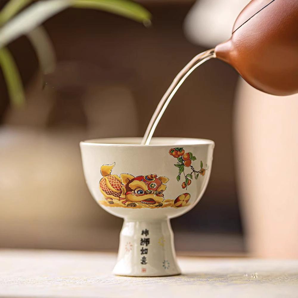 Grass And Wood Ash Lion Dancing Guochao Chinese Style Tea Drinking Cup Ceramic Household Kung Fu Tea Master Cup Single Cup Tea Tasting Cup