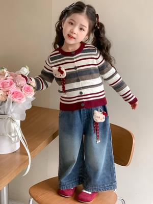 Autumn 2025 Striped Cartoon Coat & Knitted Sweater Set for Girls