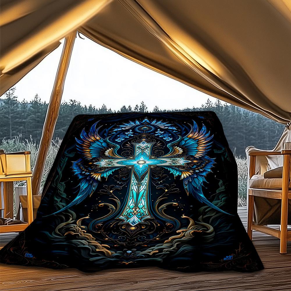1pc Cross Ornament Throw Blanket Polyester Fiber, Lightweight Flannel, Soft & Warm, All Season Use for Outdoor, Camping Digital Print