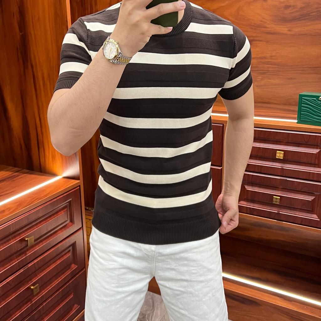 Summer Breathable Versatile Short Sleeve Slim Fit T-Shirt Casual Textured Thick Stripe Trendy Men's Knitwear