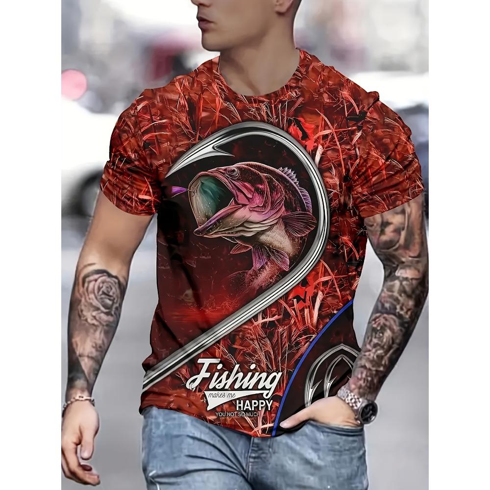 Men'S Casual Short Sleeve T-Shirt,3D Fishing Hook & Fish Print,Breathable Quick-Dry Polyester,Crew Neck,Slight Stretch