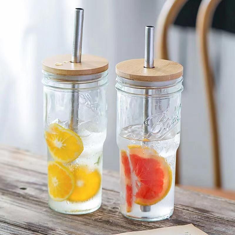 730ml Iced Coffee Glasse Cup with Bamboo Lid and Straw Reusable Boba Cup Smoothie Tumbler Glass Bubble Tea Cup