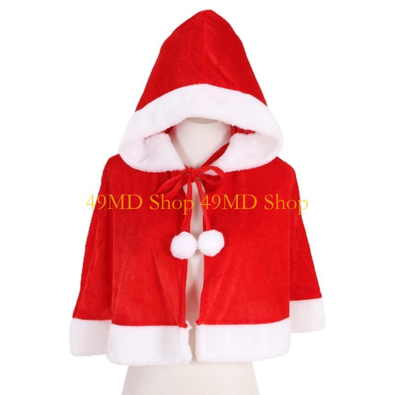 

49MD Kid Adult Christmas Santa Costume Miss Santa Fur Collar Short Cloak Shawl with Xmas Hat Red Hooded Shawl