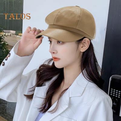 Vrouwen Lente Zomer Baret Retro Effen Kleur Kunstleer Korte Rand Decoratieve Zonbescherming Anti-UV Ademend Dame Schildershoed Unisex Achthoekige Pet