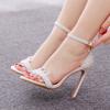 Sexy Ankle Strap Sandals Women Party Lace Decoration PU 11CM Thin Heels Buckle Strap Narrow Band Dress Women's Shoes White