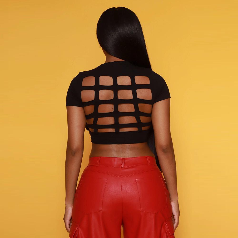 European and American live broadcast Spice Girls women's clothing summer round neck open button versatile tight back hollow short sleeve top women